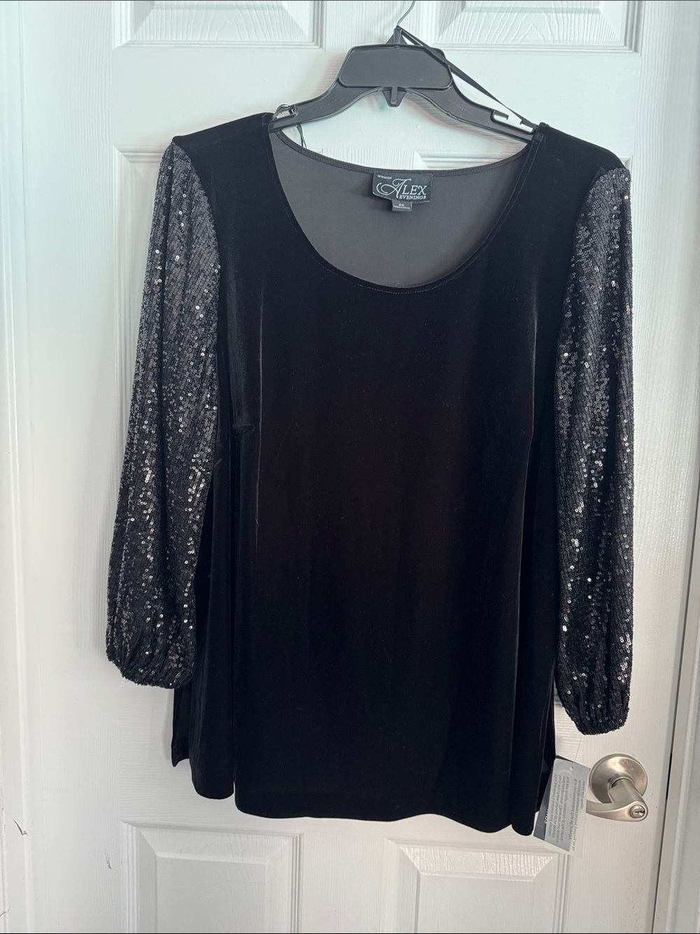 Alex Evenings Black Velvet Tunic with Sequin Sleeve Detail